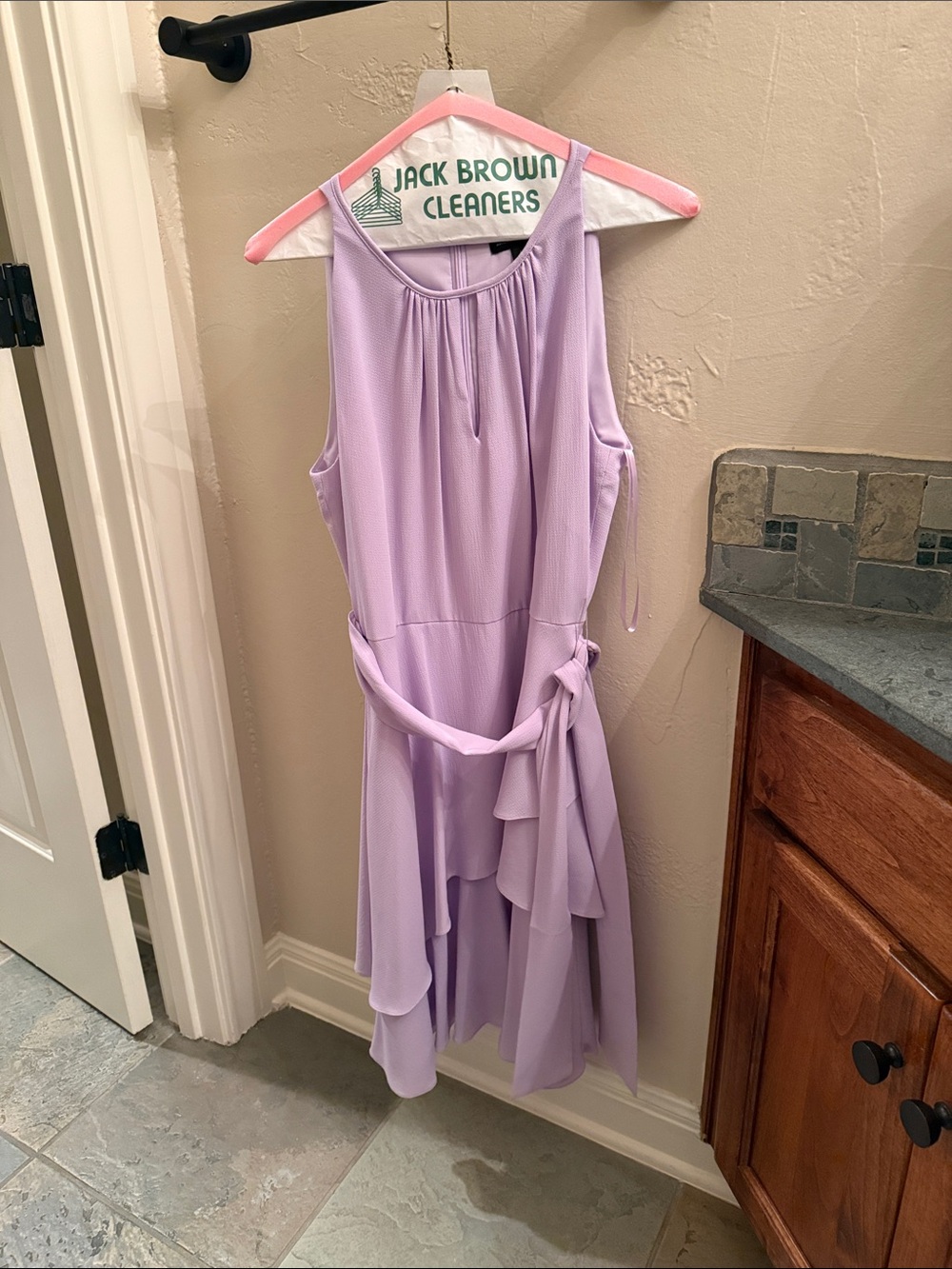 Tahari Lavender Sleeveless Tie-Waist Ruffle-Hem Dress